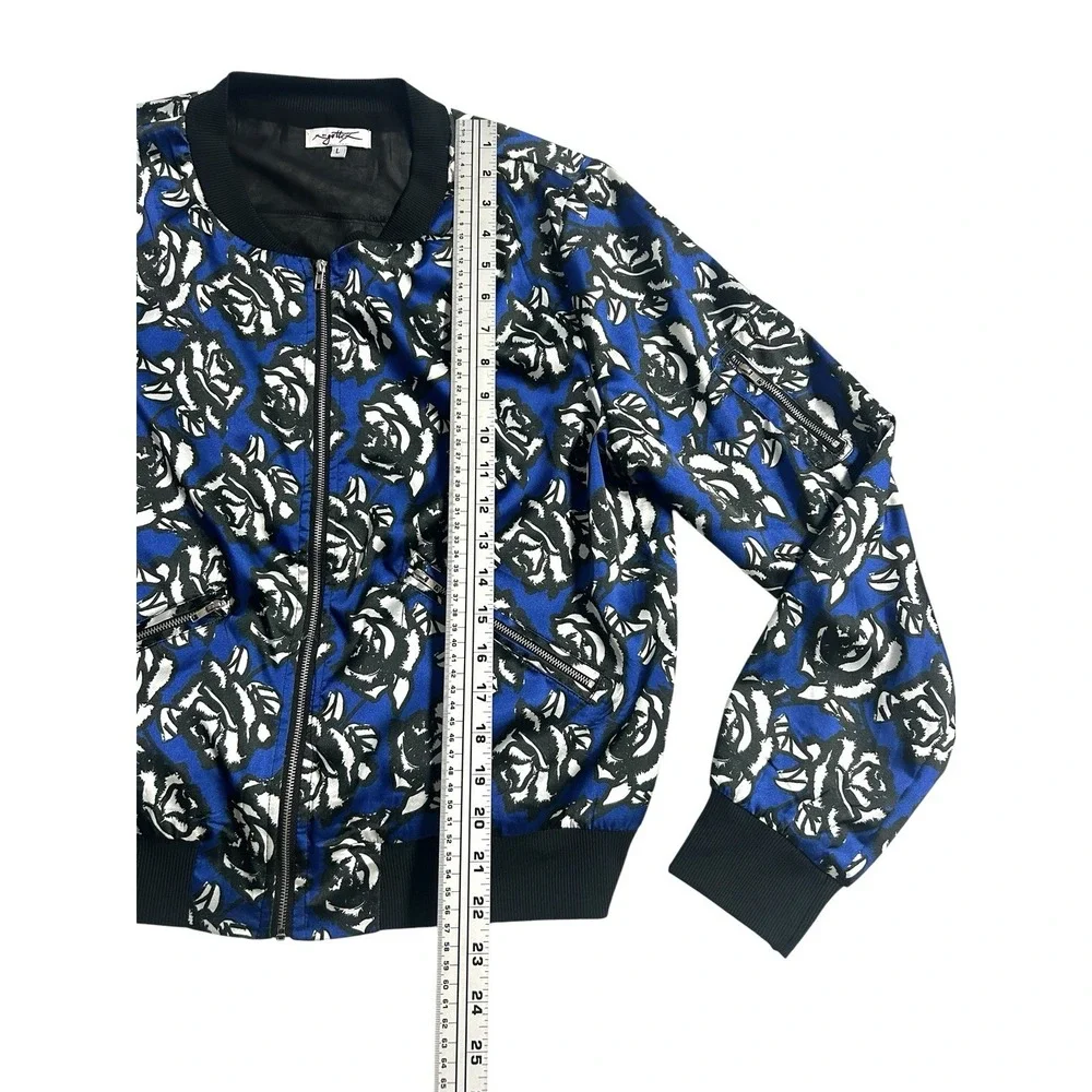 X by GOTTEX Women's Floral Satin Bomber Jacket Blue Roses Size Large Zip Pockets